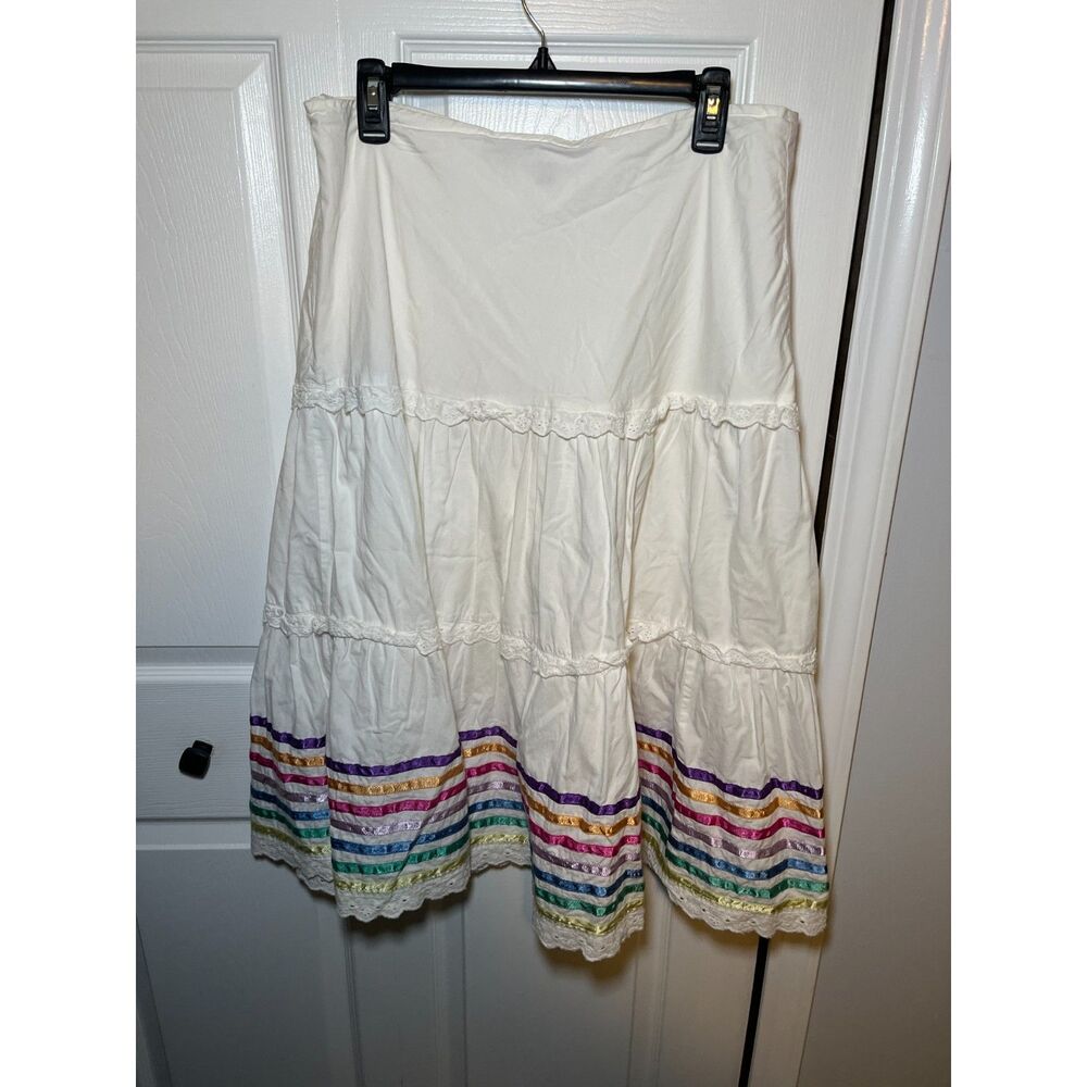 SOHO Compagnie White Tiered Midi Skirt Ribbon Trim Womens Size 12
